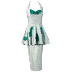 1950's Lilli Diamond Green & Silver Shelf-Bust Halter Applique Peplum Dress 1