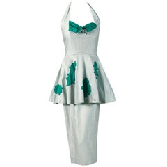 Lilli Diamond Green and Silver Shelf-Bust Halter Applique Peplum Dress, 1950s 