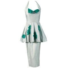 Retro Lilli Diamond Green and Silver Shelf-Bust Halter Applique Peplum Dress, 1950s 