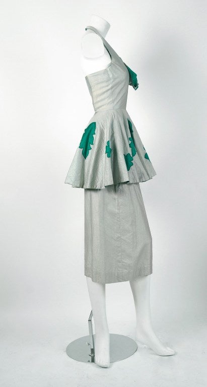 Gray Lilli Diamond Green and Silver Shelf-Bust Halter Applique Peplum Dress, 1950s 