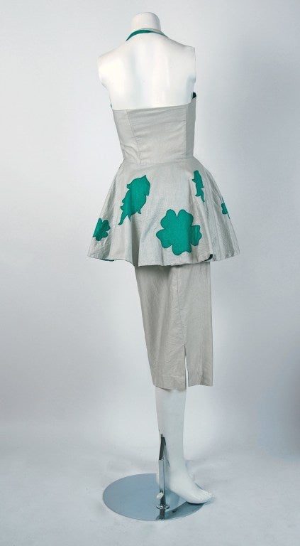 Lilli Diamond Green and Silver Shelf-Bust Halter Applique Peplum Dress, 1950s  In Excellent Condition In Beverly Hills, CA