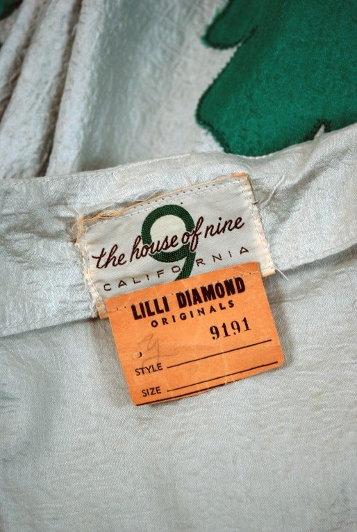 Women's Lilli Diamond Green and Silver Shelf-Bust Halter Applique Peplum Dress, 1950s