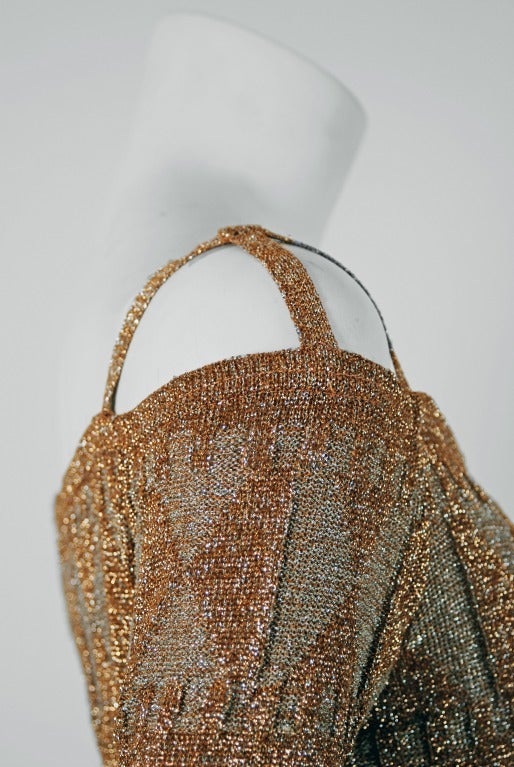 Brown 1968 Rudi Gernreich Metallic Gold Silver Geometric Knit Cut-Out Evening Gown