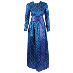 Vintage 1960's Oscar de la Renta Sapphire-Blue Metallic Silk-Brocade Rhinestone Gown