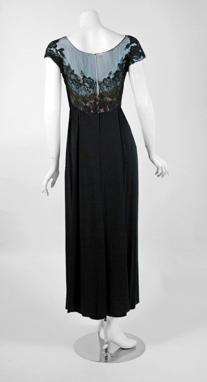 1950's Peggy Hunt Sheer Lace-Illusion Black Hourglass Evening Dress Gown 1