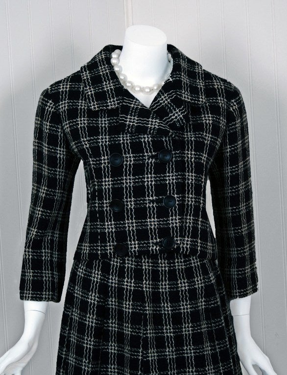 Women's 1957 Christian Dior Haute-Couture Black & White Plaid Wool Suit
