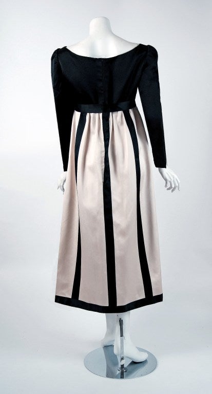 1970's Geoffrey Beene Black & White Stripe Satin Empire Tea-Gown Dress In Excellent Condition In Beverly Hills, CA