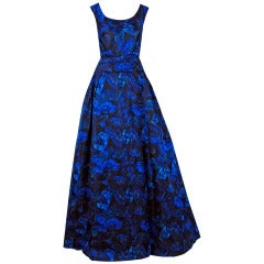 1950's Ceil Chapman Sapphire-Blue Butterfly Novelty-Print Silk Evening Ball Gown