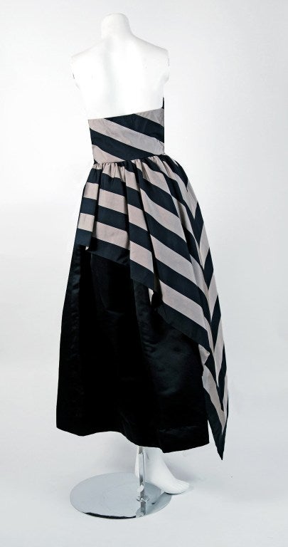 1950's Werle Black & Champagne Stripe Silk Strapless Asymmetric Dress Gown In Excellent Condition In Beverly Hills, CA