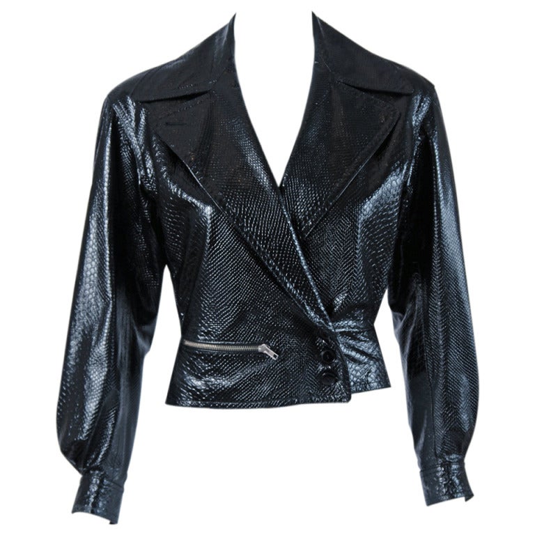 1990's Alaia Black Snakeskin-Embossed Leather Corset Motorcycle Jacket
