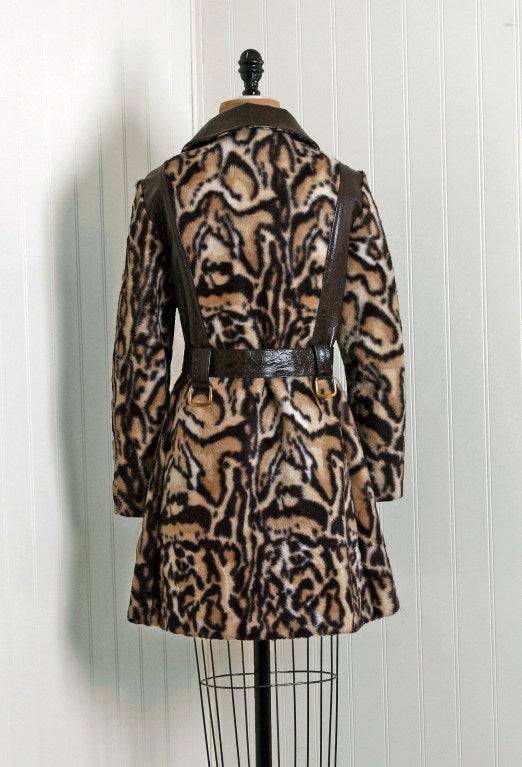 1960's Stunning Leopard Animal-Print Faux Fur Double-Breasted Belted Jacket Coat 1