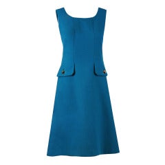 1960's Jean Patou Turquoise-Blue Linen Sleeveless Mod Space-Age Shift Dress