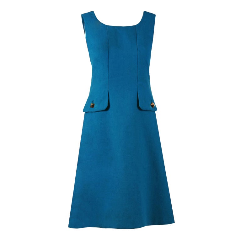 1960's Jean Patou Turquoise-Blue Linen Sleeveless Mod Space-Age Shift Dress