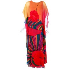 1970's Hanae Mori Couture Psychedelic Rainbow Print Silk-Chiffon Caftan Gown