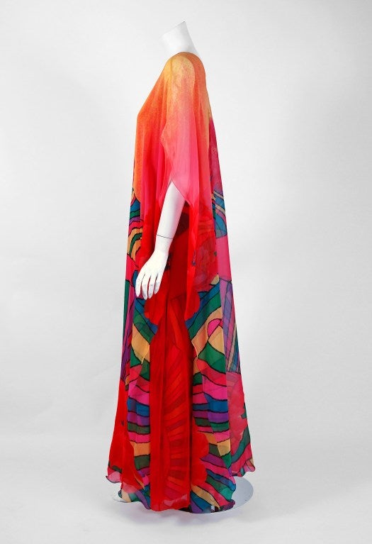 Breathtaking 1970's museum-quality, iconic and instantly recognizable caftan by Hanae Mori. Whilst on a Paris holiday in 1960, Mori had a fateful fitting with Coco Chanel. She claimed this meeting changed her life and she challenged herself to
