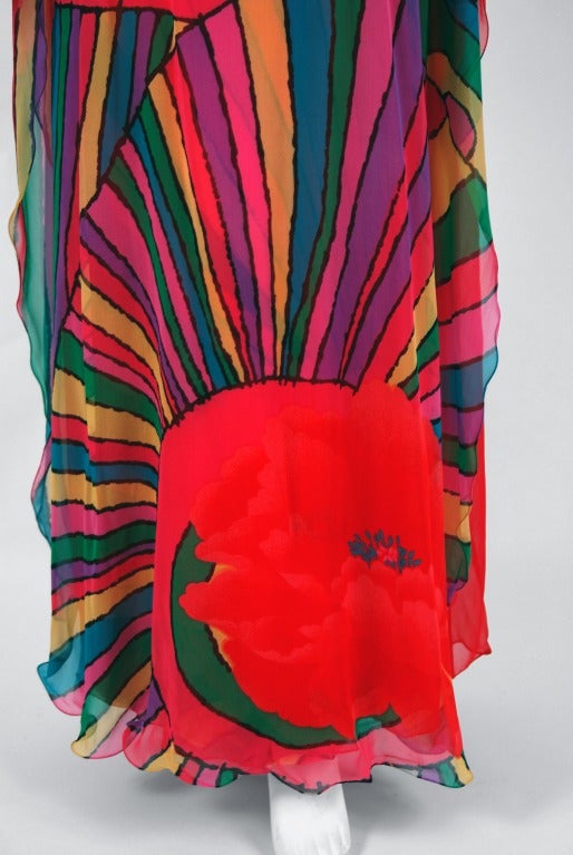 1970's Hanae Mori Couture Psychedelic Rainbow Print Silk-Chiffon Caftan Gown In Excellent Condition In Beverly Hills, CA