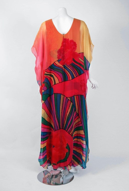 Women's 1970's Hanae Mori Couture Psychedelic Rainbow Print Silk-Chiffon Caftan Gown