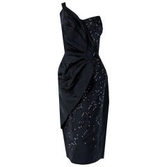 Vintage 1950's Italian Couture Black Beaded Silk Asymmetric One-Shoulder Cocktail Dress