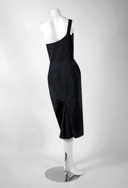Women's 1950's Italian Couture Black Beaded Silk Asymmetric One-Shoulder Cocktail Dress