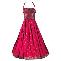 Vintage 1940's Fuchsia Floral Print Metallic Indian-Silk Halter Full-Skirt Party Dress