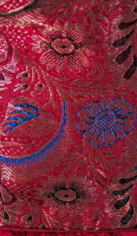 Red 1940's Fuchsia Floral Print Metallic Indian-Silk Halter Full-Skirt Party Dress