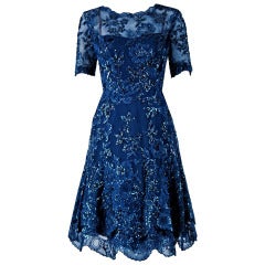 1950's Carven Haute-Couture Navy Lesage Beaded Chantilly-Lace Party Dress