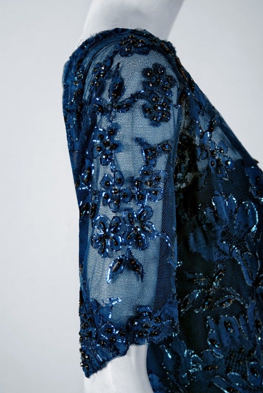1950's Carven Haute-Couture Navy Lesage Beaded Chantilly-Lace Party Dress In Excellent Condition In Beverly Hills, CA