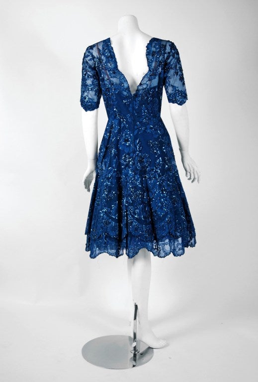 Women's 1950's Carven Haute-Couture Navy Lesage Beaded Chantilly-Lace Party Dress