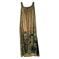 1920's French Beaded Rhinestone Metallic-Gold Floral Lame Flapper Dress