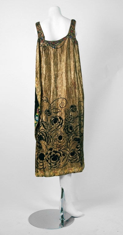 1920's French Beaded Rhinestone Metallic-Gold Floral Lame Flapper Dress In Excellent Condition In Beverly Hills, CA