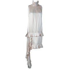 1970's Galanos Ivory-White Ruched Satin Asymmetric Sleeveless Avant-Garde Dress