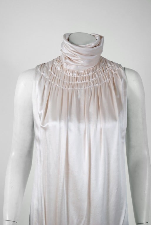 Gray 1970's Galanos Ivory-White Ruched Satin Asymmetric Sleeveless Avant-Garde Dress