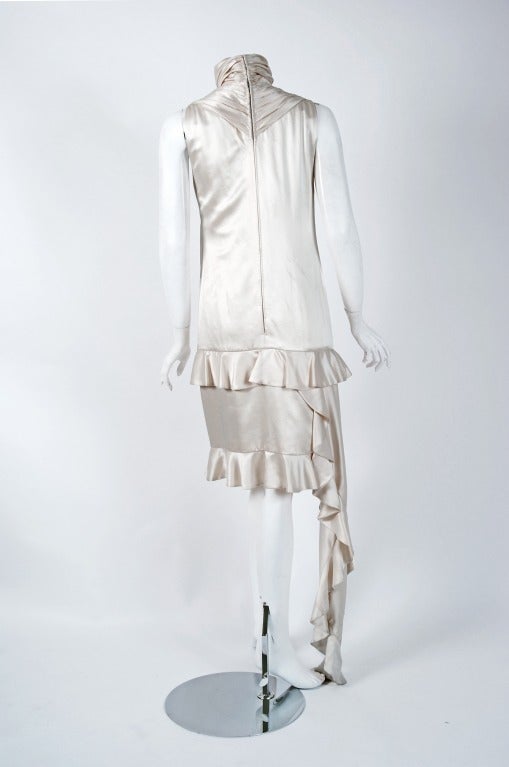 Women's 1970's Galanos Ivory-White Ruched Satin Asymmetric Sleeveless Avant-Garde Dress