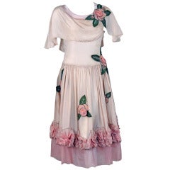 1924 Jeanne Lanvin Haute-Couture Applique Roses Robe De Style Silk Dress