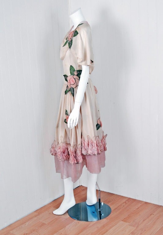 Breathtaking Jeanne Lanvin roses-applique silk dance dress dating back to 1924. Lanvin was recognized for her innovative approach to fashion as well as for her fine craftsmanship. When she conceived a garment she would select fabrics, colors,