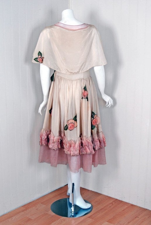 Women's 1924 Jeanne Lanvin Haute-Couture Applique Roses Robe De Style Silk Dress