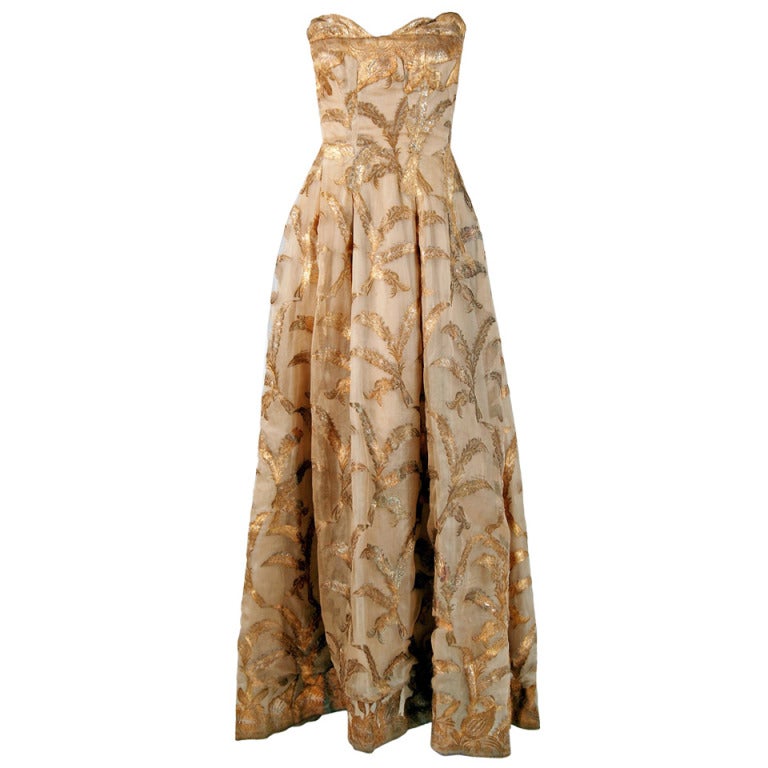1950's Elizabeth Arden Couture Metallic-Gold Silk Lame Strapless Evening Gown