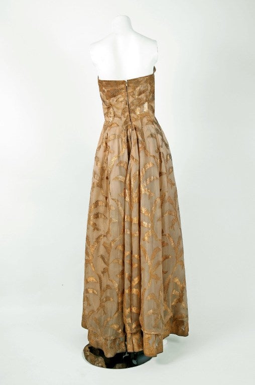 1950's Elizabeth Arden Couture Metallic-Gold Silk Lame Strapless Evening Gown In Excellent Condition In Beverly Hills, CA