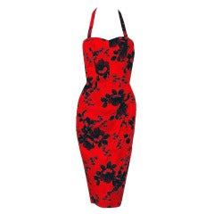 Vintage 1950's Hoaloha Hawaiian Ruby-Red Tropical Floral Print Cotton Halter Wiggle Dress