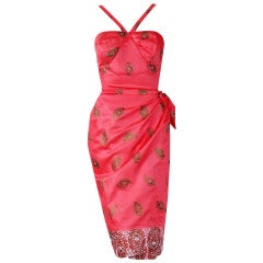 Retro 1950's Alfred Shaheen Hawaiian Pink Cotton Shelf-Bust Wiggle Sarong Dress