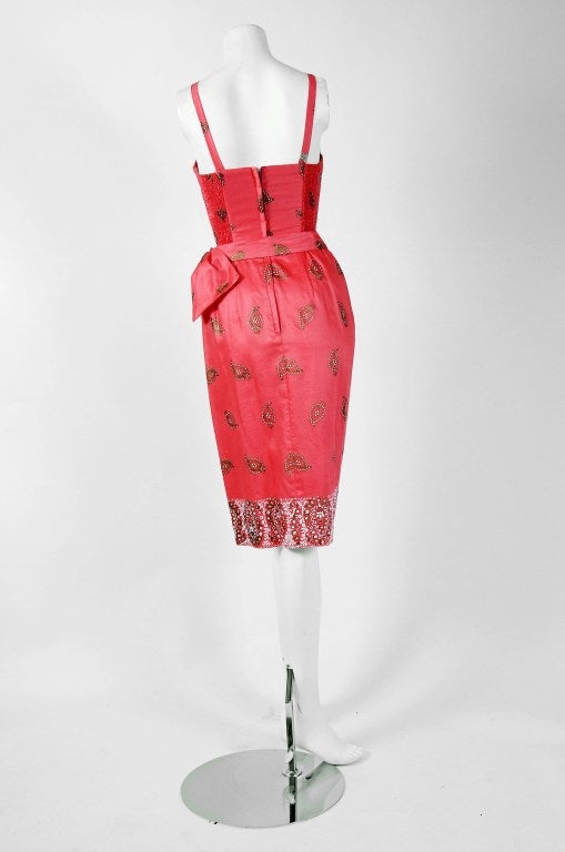 Women's 1950's Alfred Shaheen Hawaiian Pink Cotton Shelf-Bust Wiggle Sarong Dress