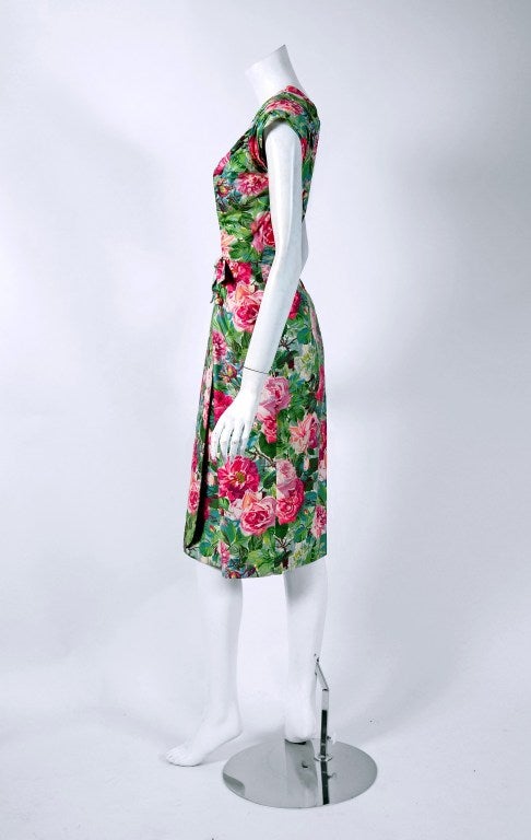 Women's 1950's Ceil Chapman Watercolor Garden Floral Ruched Print-Cotton Cocktail Dress