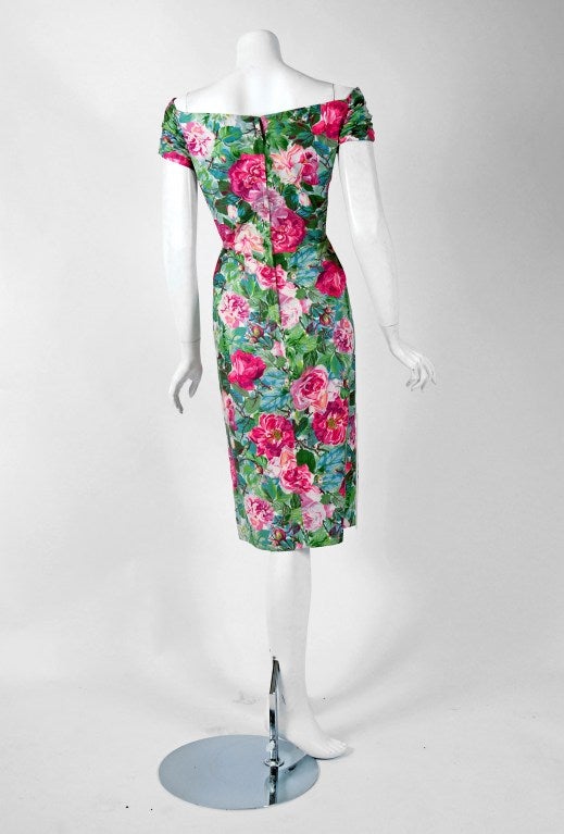 1950's Ceil Chapman Watercolor Garden Floral Ruched Print-Cotton Cocktail Dress 1