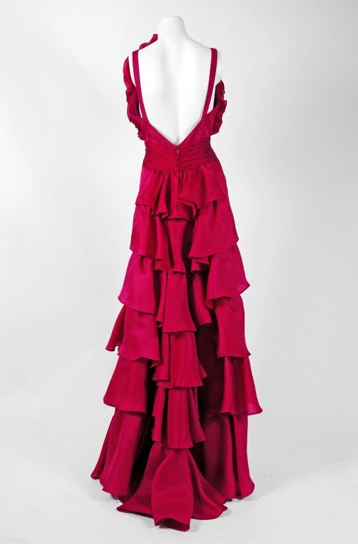 2010 Escada Couture Fuchsia-Pink Silk Origami Ruffle Trained Evening Gown In Excellent Condition In Beverly Hills, CA