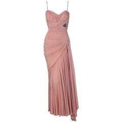1950's Italian Couture Heavily-Pleated Nude Silk-Chiffon Draped Evening Gown