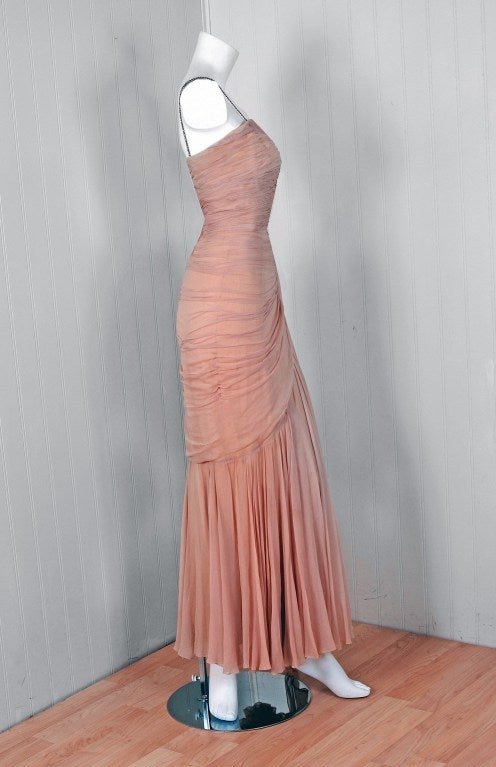 Women's 1950's Italian Couture Heavily-Pleated Nude Silk-Chiffon Draped Evening Gown