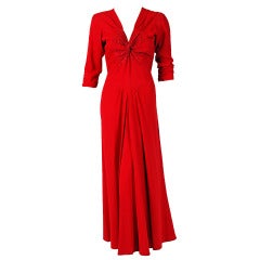 1930's Seductive Red Rayon-Crepe Rhinestone Twist Deco Bias-Cut Dress Gown