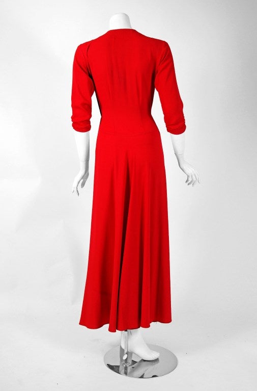 1930's Seductive Red Rayon-Crepe Rhinestone Twist Deco Bias-Cut Dress Gown 1