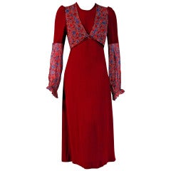 1970's Ossie Clark For Radley Burgundy-Red Crepe Celia Birtwell Print Dress