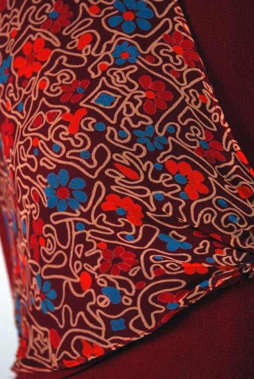 1970's Ossie Clark For Radley Burgundy-Red Crepe Celia Birtwell Print Dress In Excellent Condition In Beverly Hills, CA